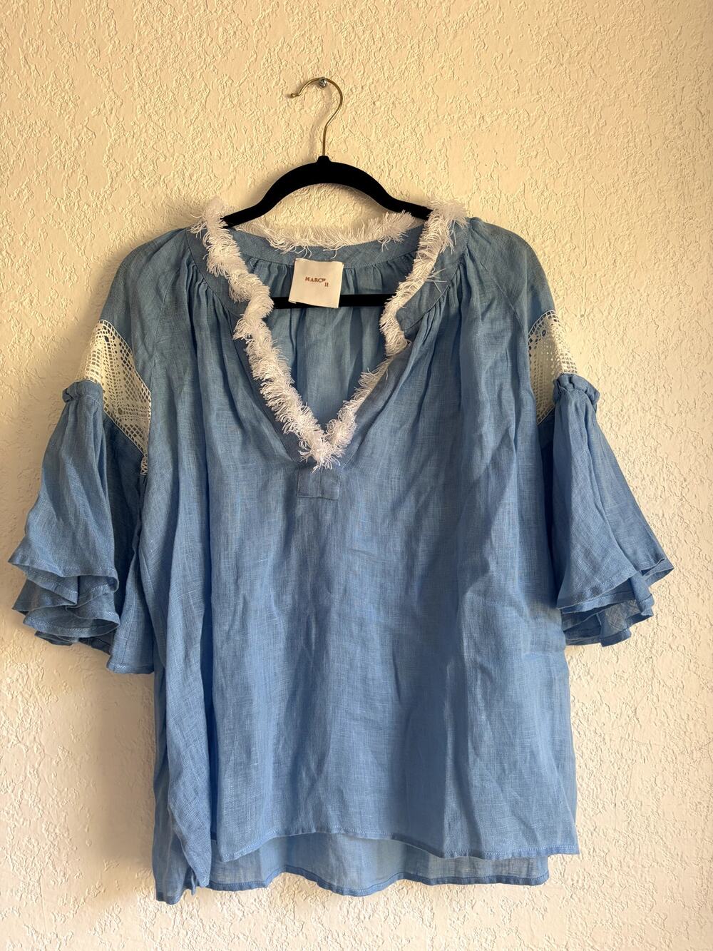 MARCH11 | Blue Linen Resort V Neck Blouse Ukrainian Style Size S